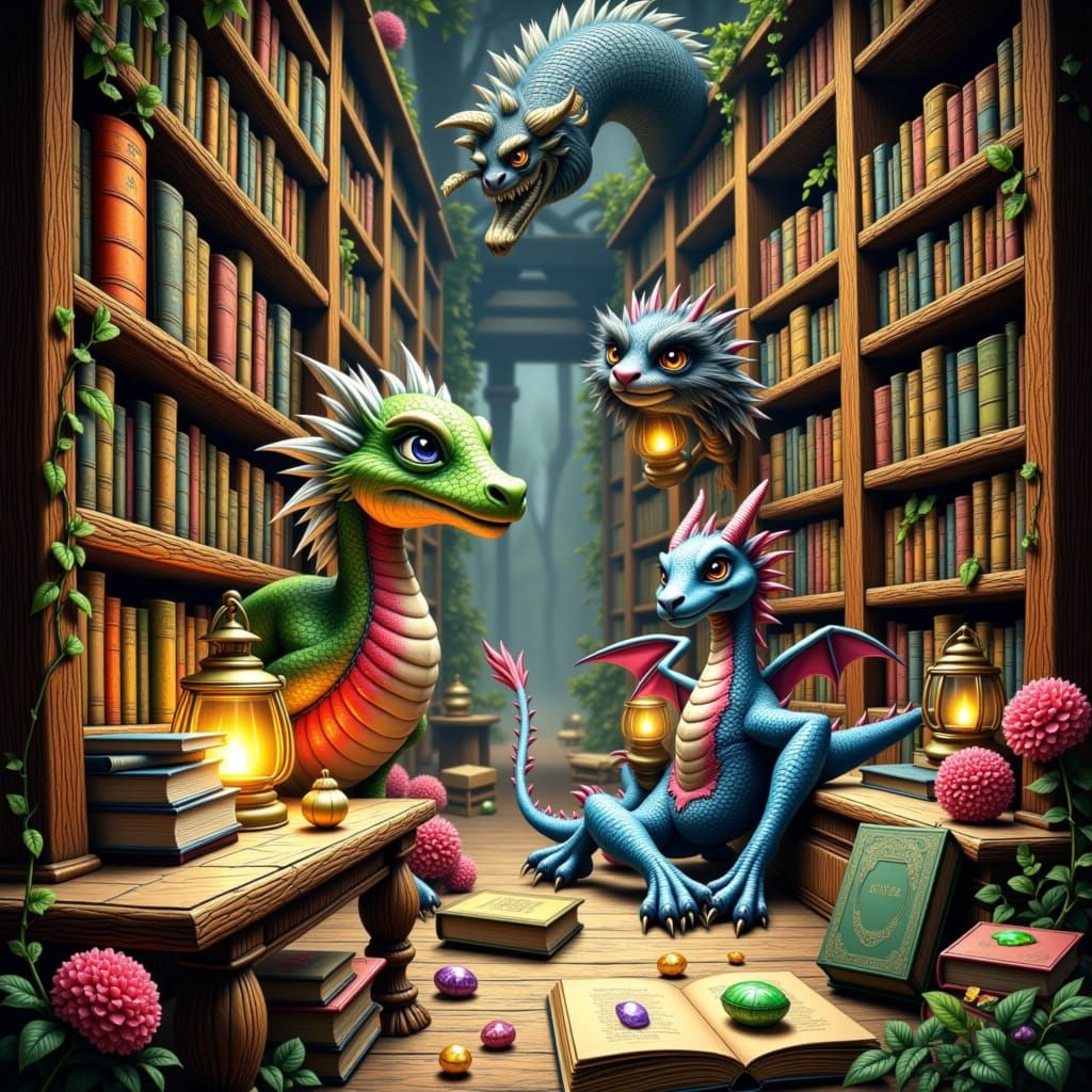 Dreamlike Library Worlds with Chubby Dragons and Whimsical C...