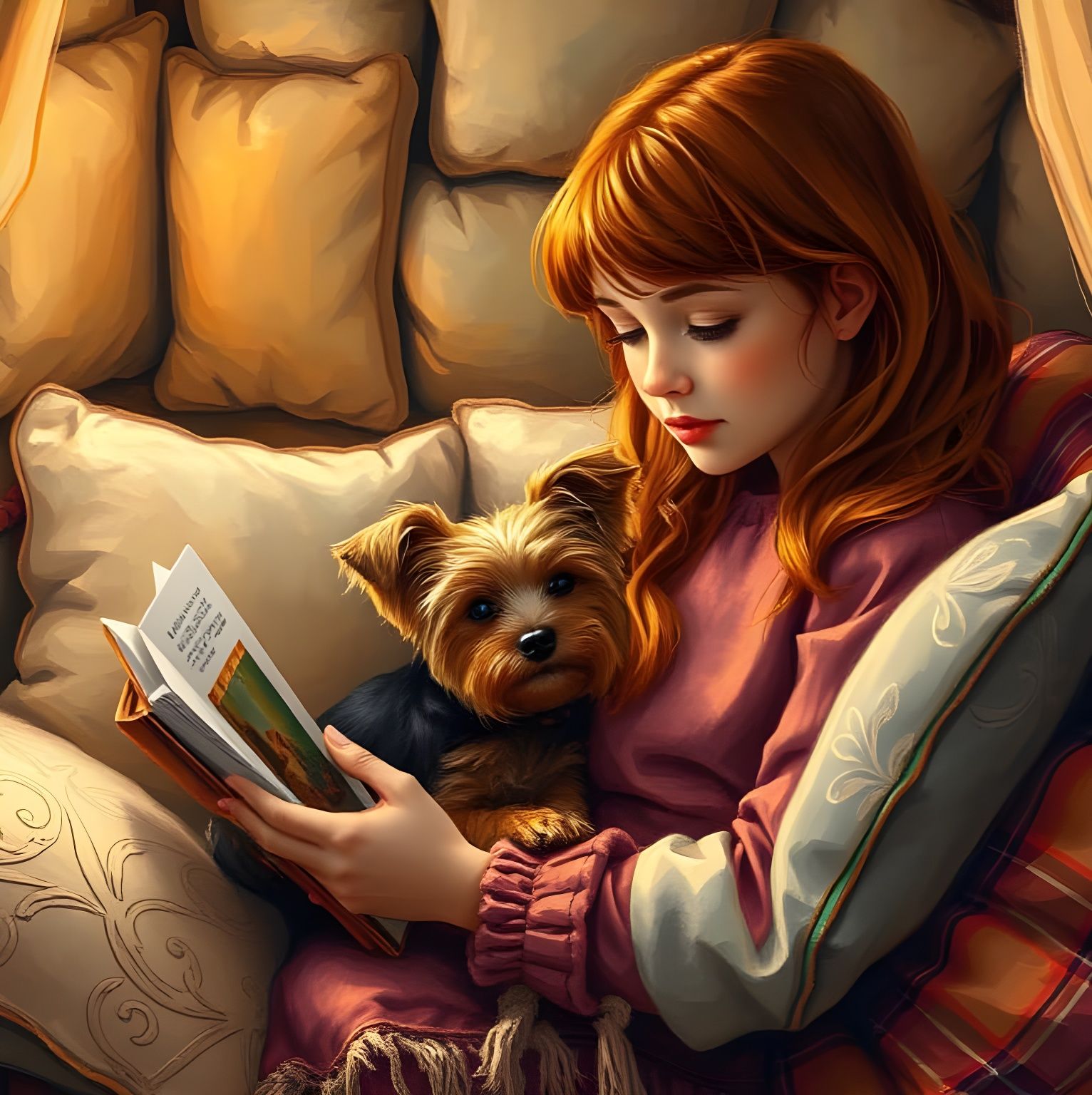 Girl Reading to Yorkie in Cozy Nook, Oil Painting