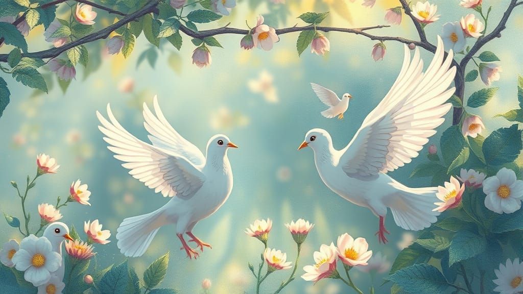 Serenely Flying Doves in a Vibrant Dreamlike Landscape