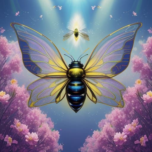 Mechanical Bees Pollinating Flowers in Surreal Landscape