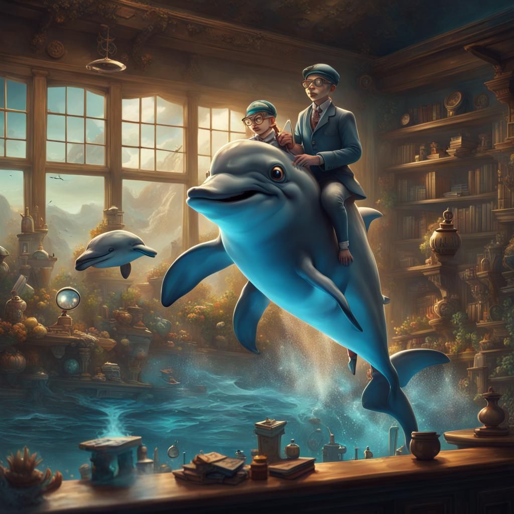 Dolphin Family's Underwater Activities in Detailed Painting