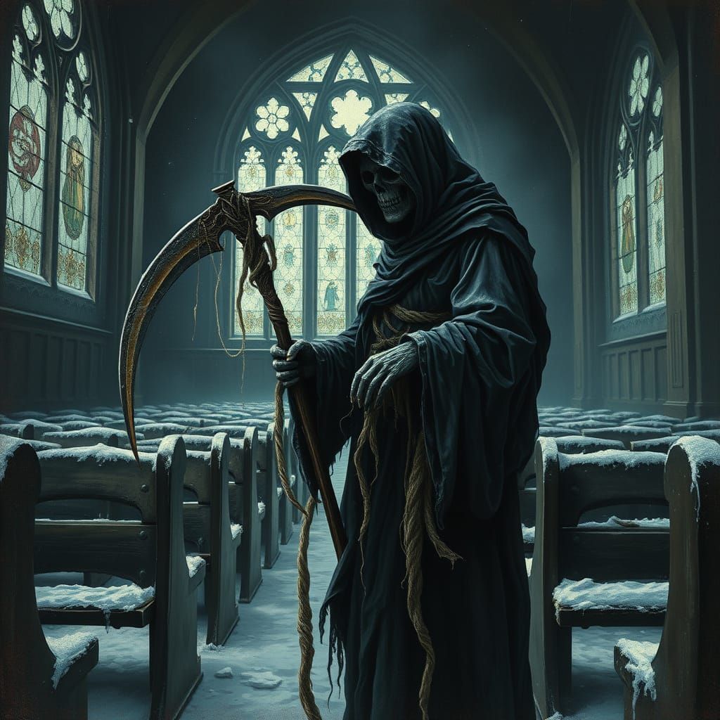 Grim Reaper in Haunting Abandoned Church at Winter's Dawn