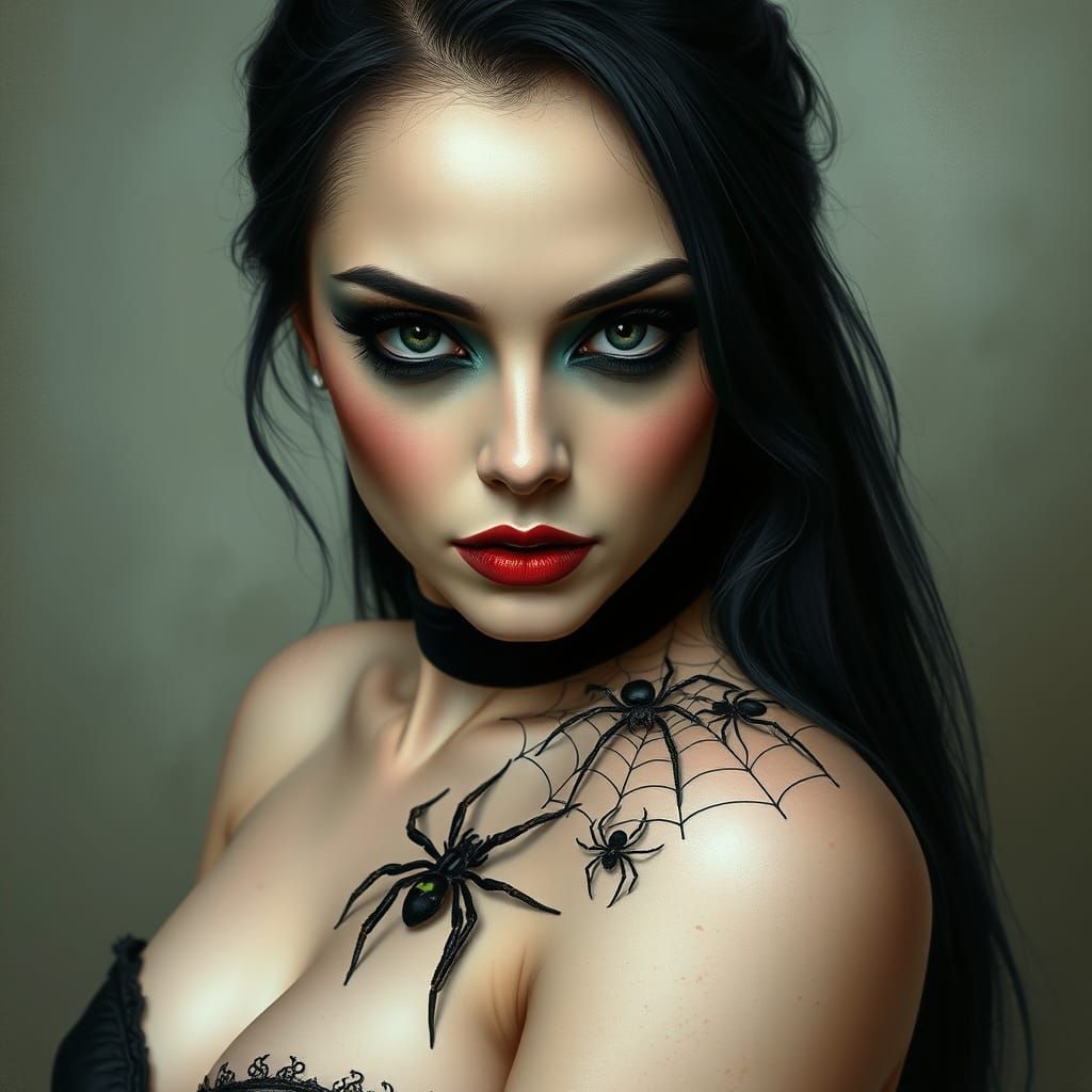 Mysterious Woman with Black Widow Spider Tattoo in Dark Fant...