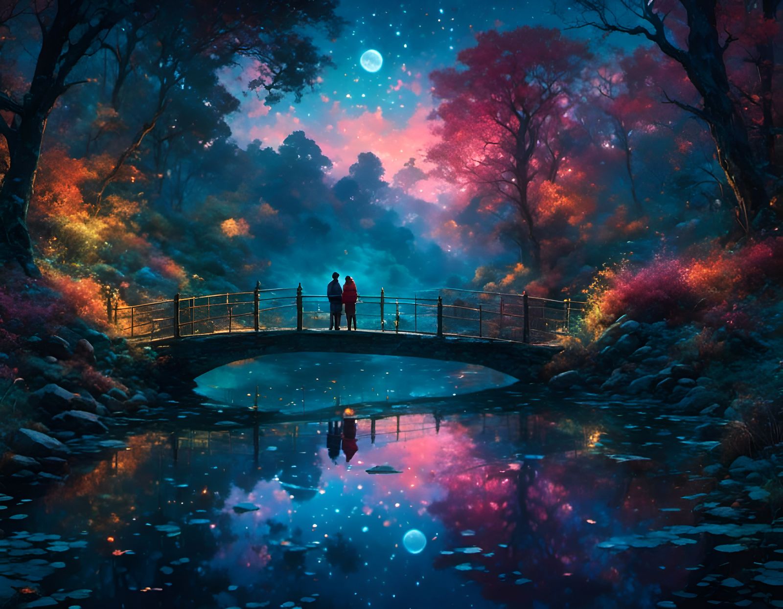 Lovers on Bioluminescent Bridge: Digital Fantasy Art