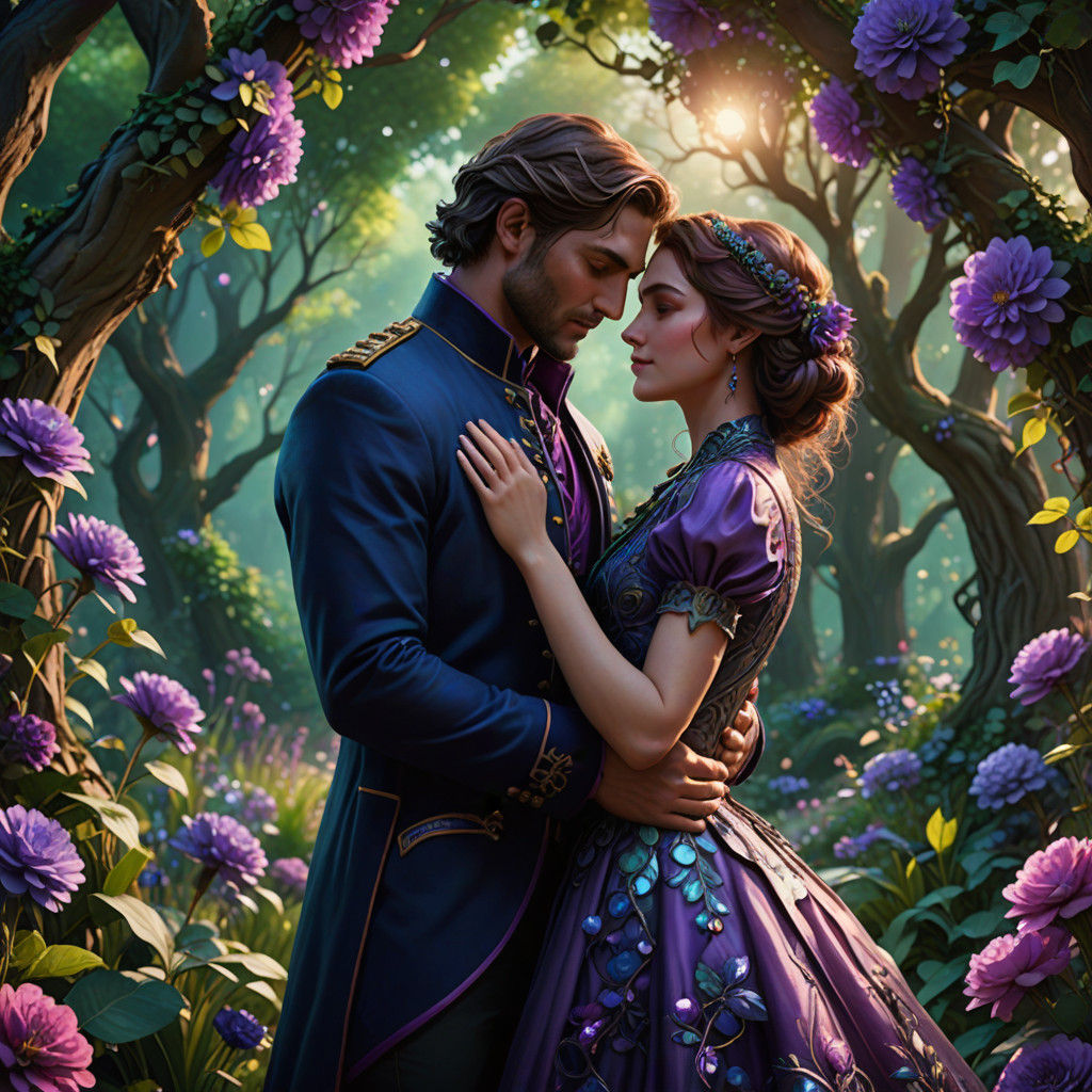 Loving Couple Embracing in Vibrant Fantasy Garden