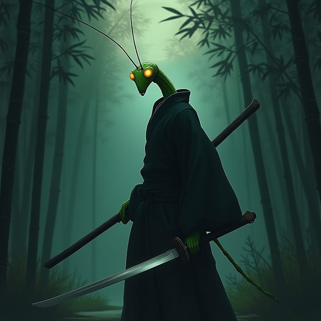 Praying Mantis Samurai in Misty Forest, Film Noir