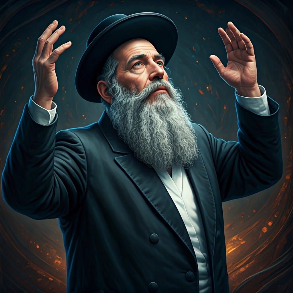 Hasidic Jewish Man in Reverent Gesture amidst Mystical Lands...