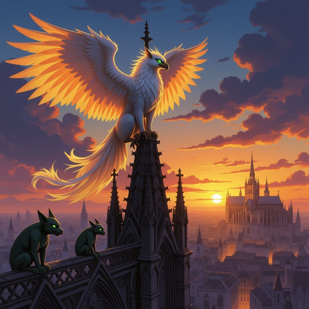 Golden Griffin on Gothic Spire, Dark Fantasy Concept Art