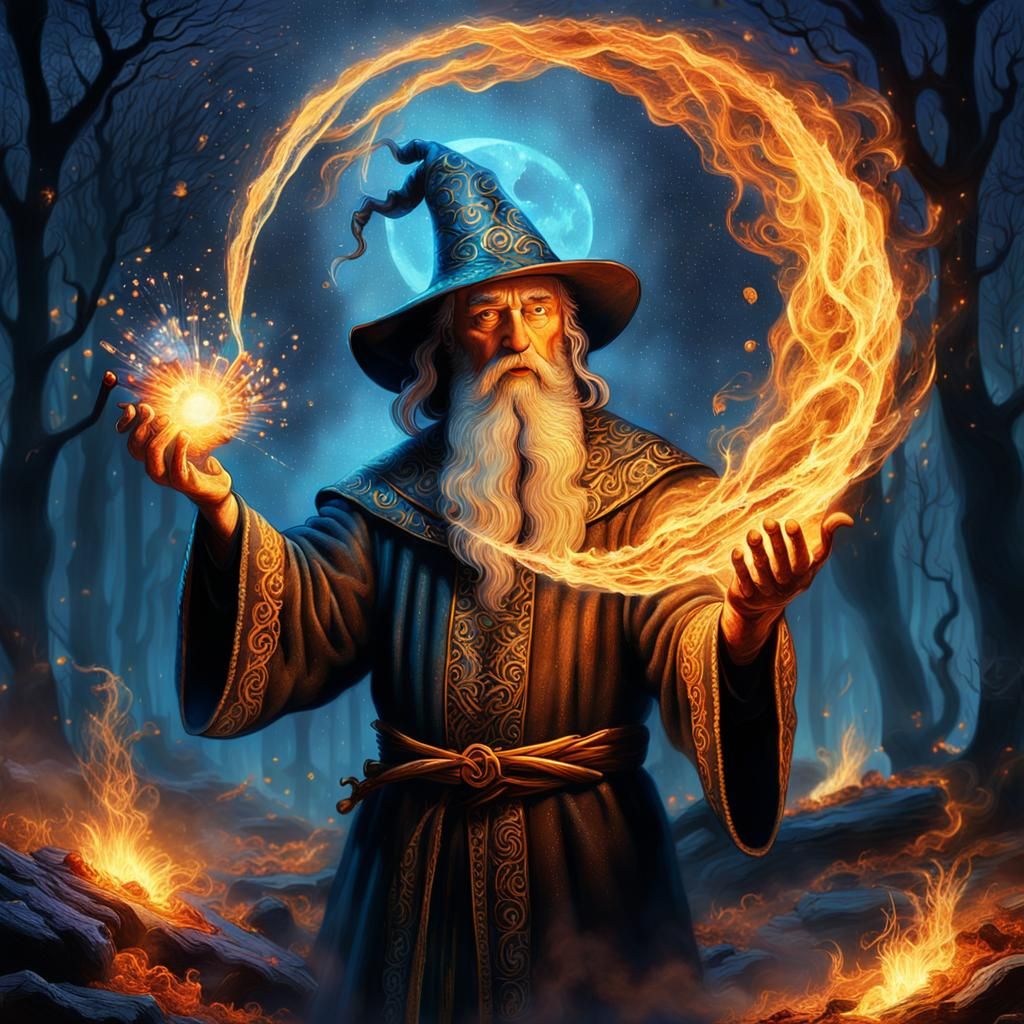 Wizard Casting Spell in Moonlight: Fantasy Illustration