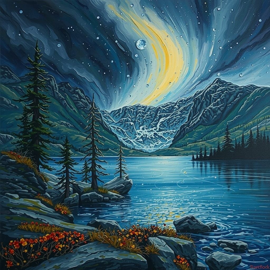 Expressionist Mountain Lake Storm in Velvet Colors