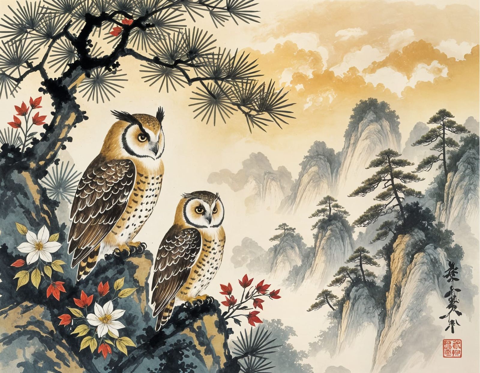 Serene Chinese Ink Painting of Owls and Forest