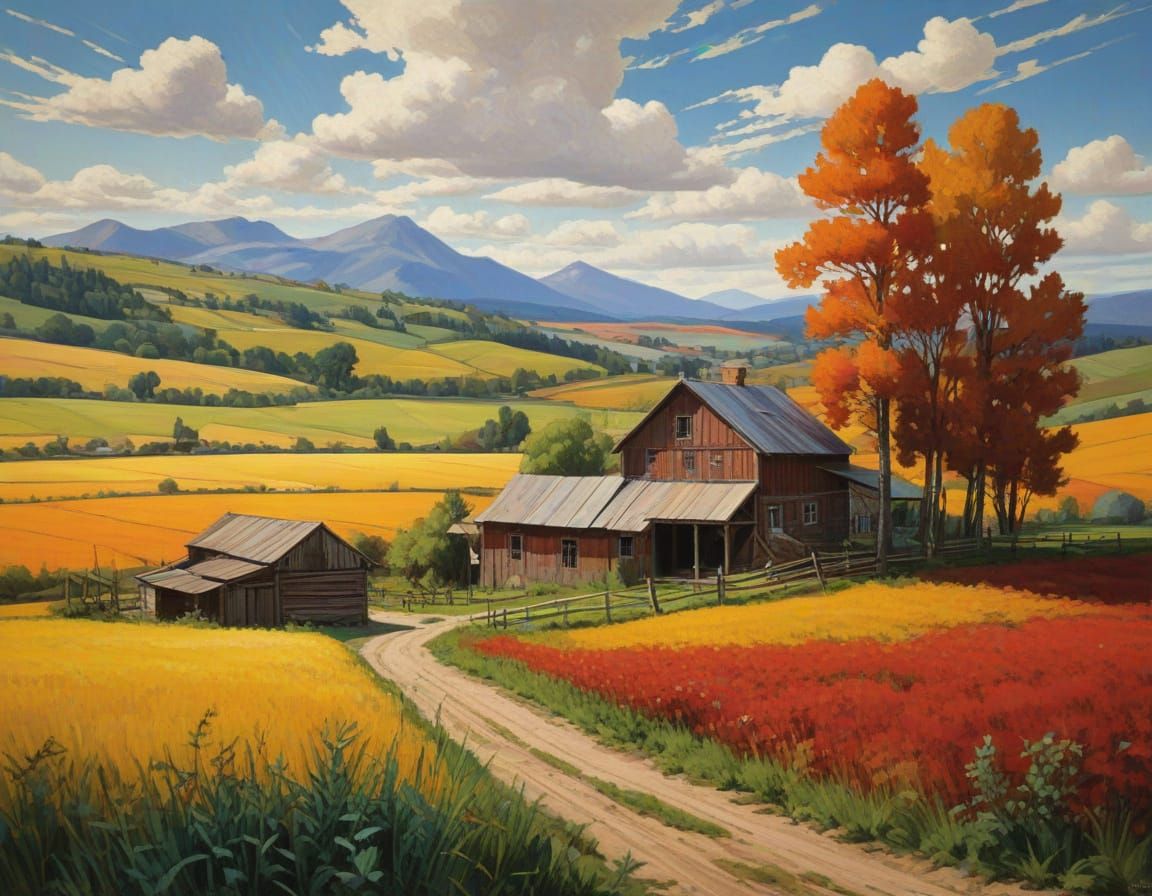 1800s Spanish Farm Oil Painting with Stylized Fields