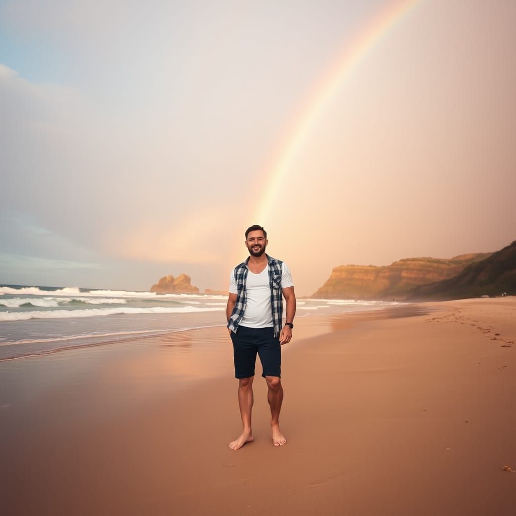 Man Under Double Rainbow on Beach