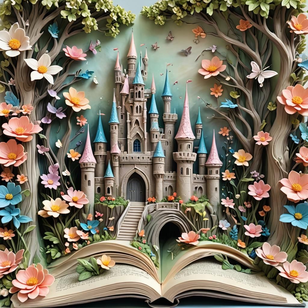 Fantasy Book with Castle, Fairies, and Flowers