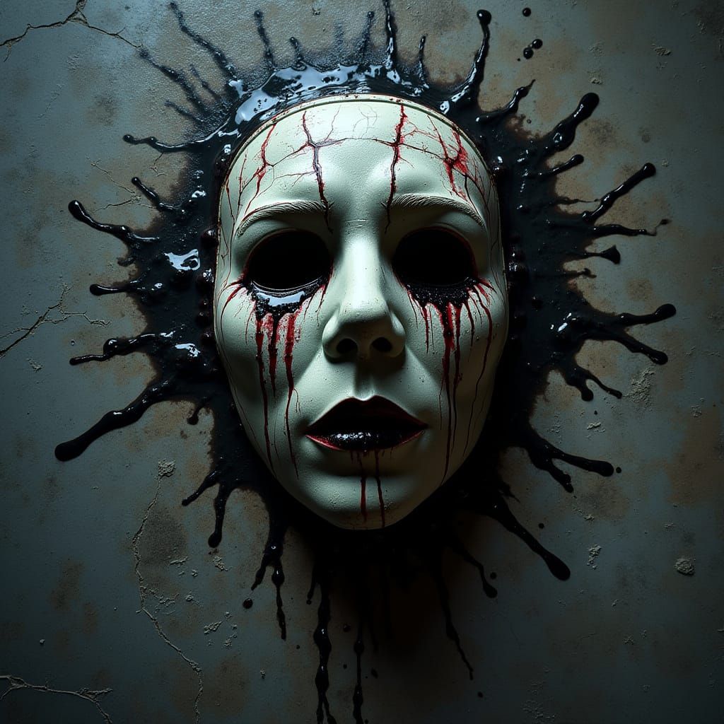 Cracked Mask on Concrete: Dark Digital Illustration