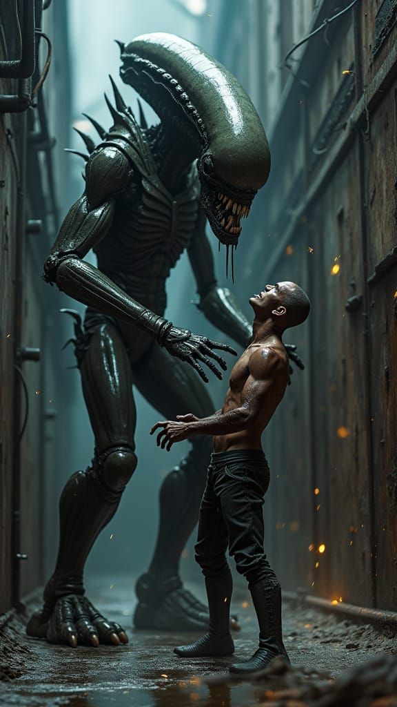 Terrifying Alien vs Cyborg Warrior in Industrial Corridor