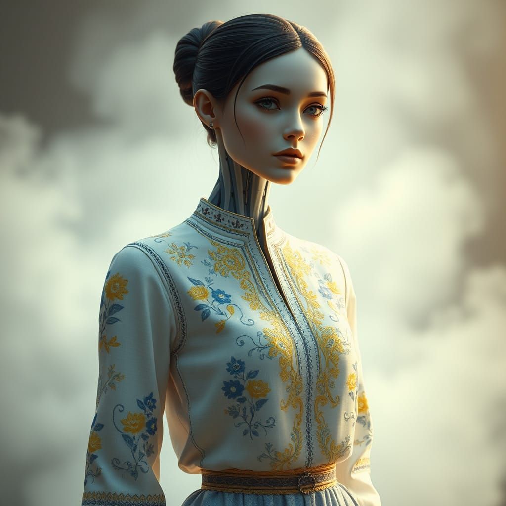 Futuristic Ukrainian Robot Goddess in Embroidered Vyshyvanka
