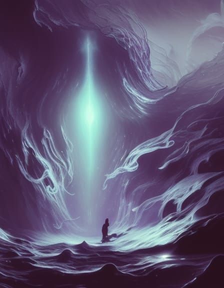 The ghostly image of a beautiful brunette spirit quantum leaps through space, surrounded by waves of energy a masterpiec...