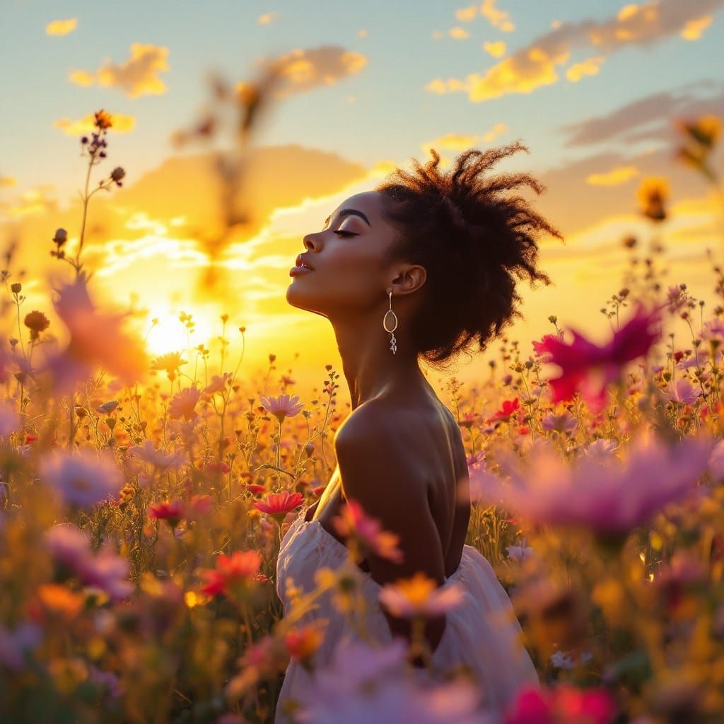 Serene Woman Amidst Exotic Wildflowers in Golden Sunset