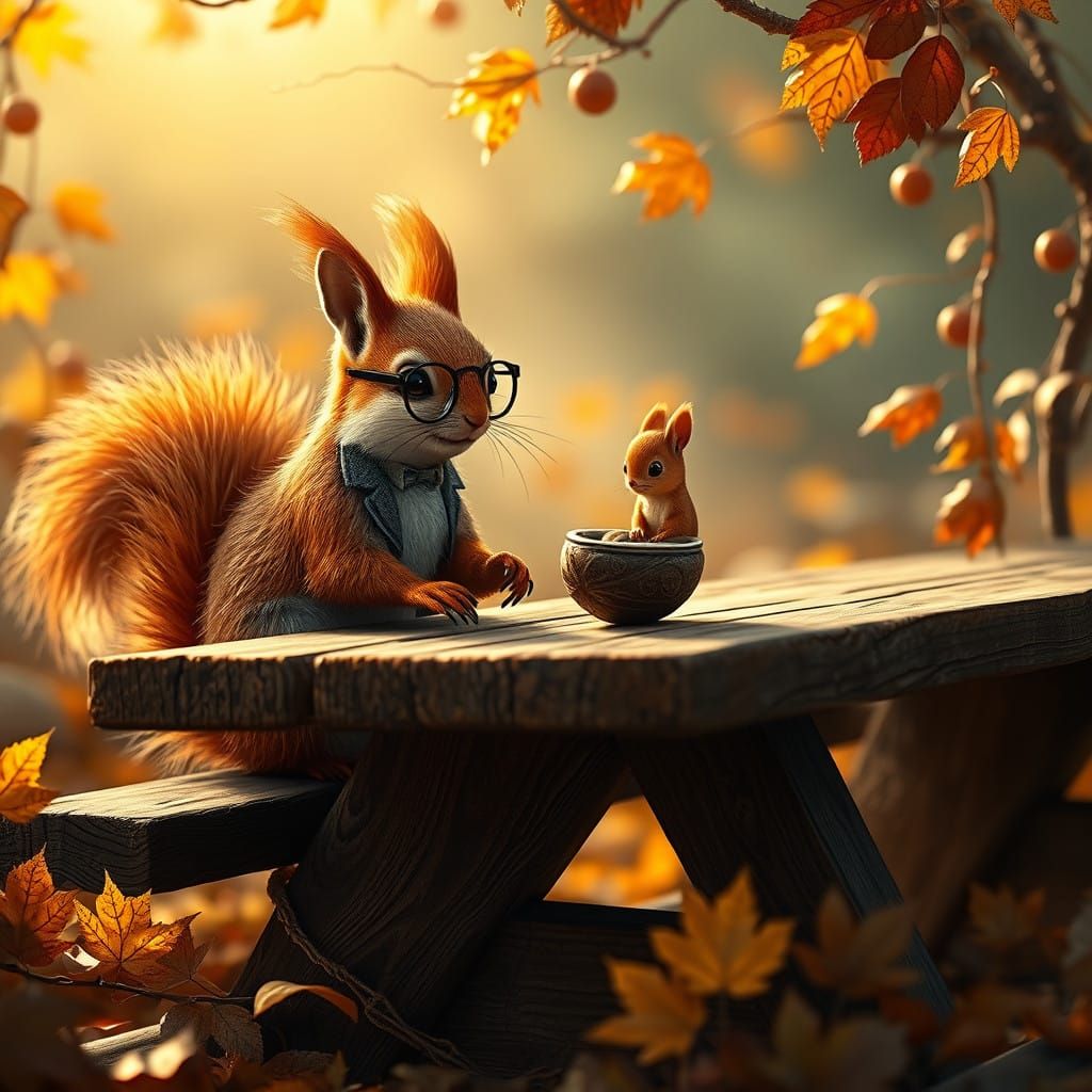 Whimsical Autumn Woodland Scene with Red Squirrel