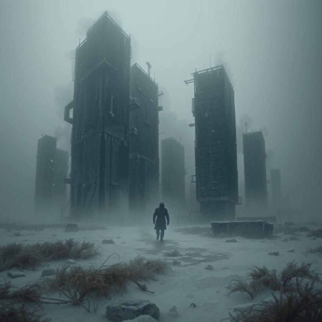 Desolate Figure in Frozen Wasteland: Beksiński-Inspired