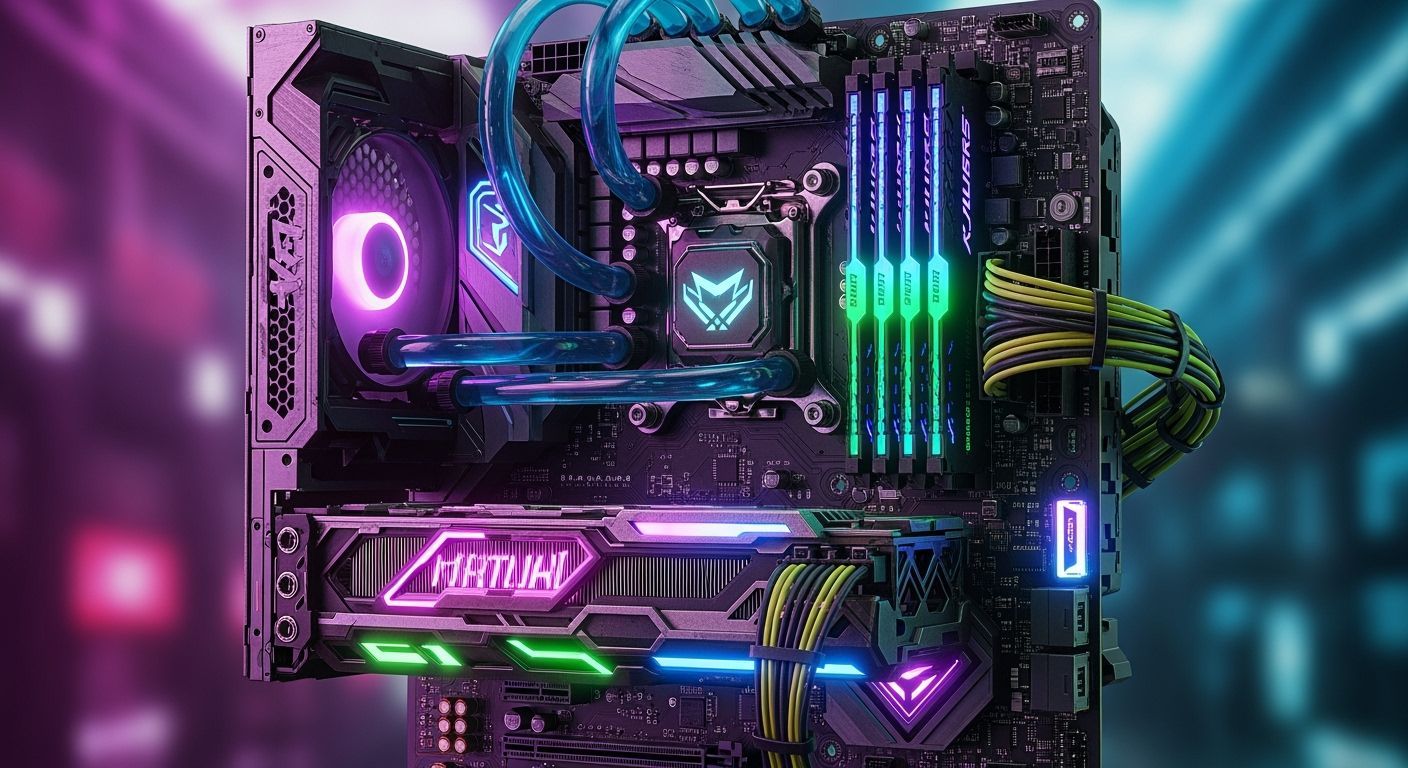 Cyberpunk PC Motherboard with Neon Components