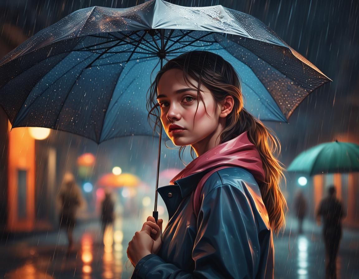 Girl with Umbrella in Rainy Evening: Hyperrealistic Art