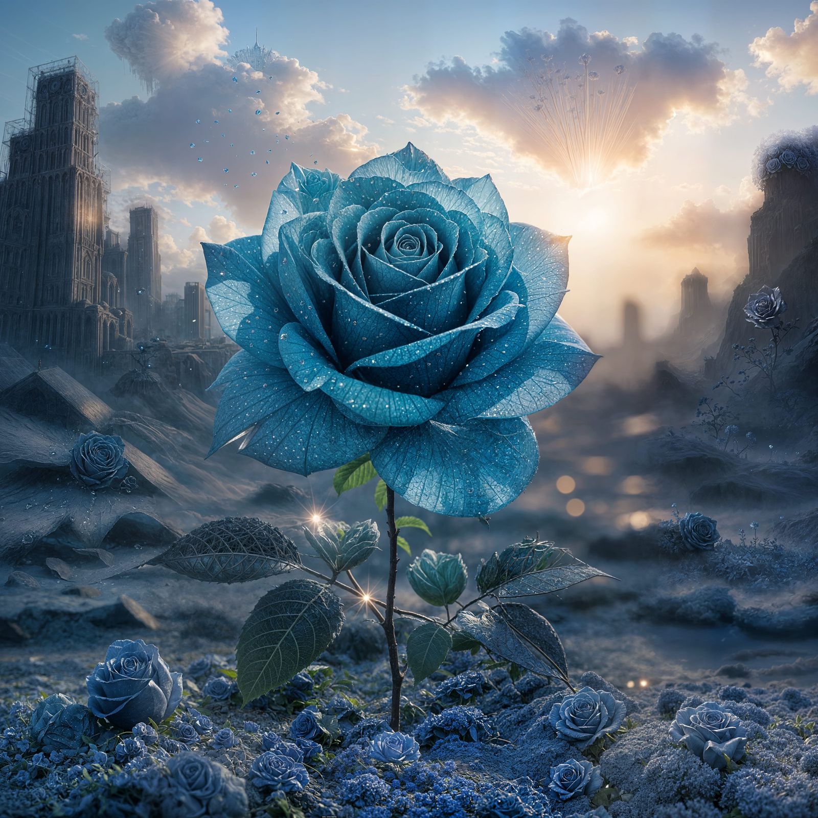 Blue Crystal Rose in Dystopian Landscape: Digital Matte Pain...