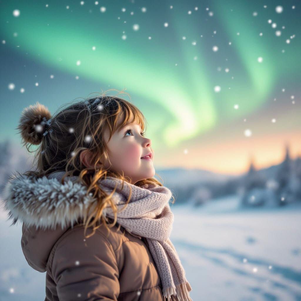 Girl in Winter Scarf Watches Northern Lights