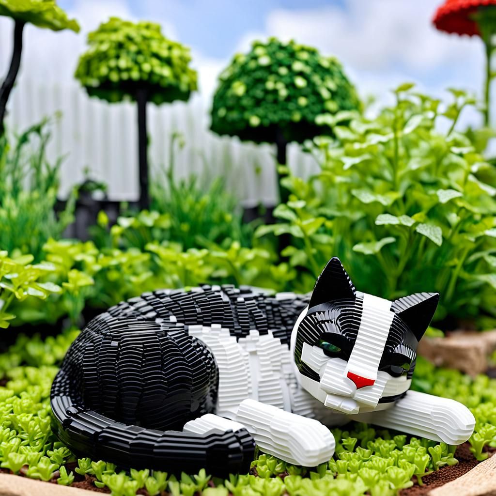 LEGO Cat Sleeping in Garden, Black and White