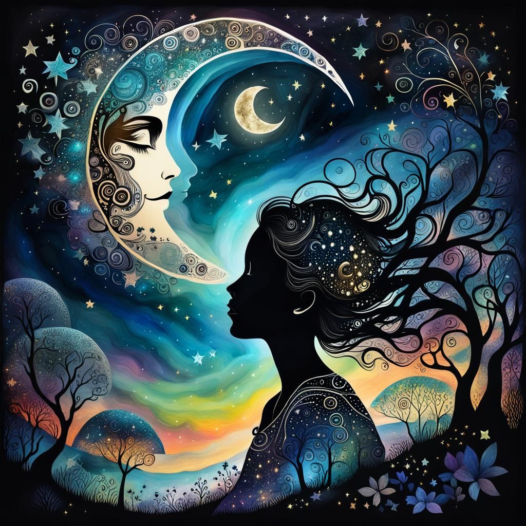 Magical Night Dreams in Anime Style Double Exposure