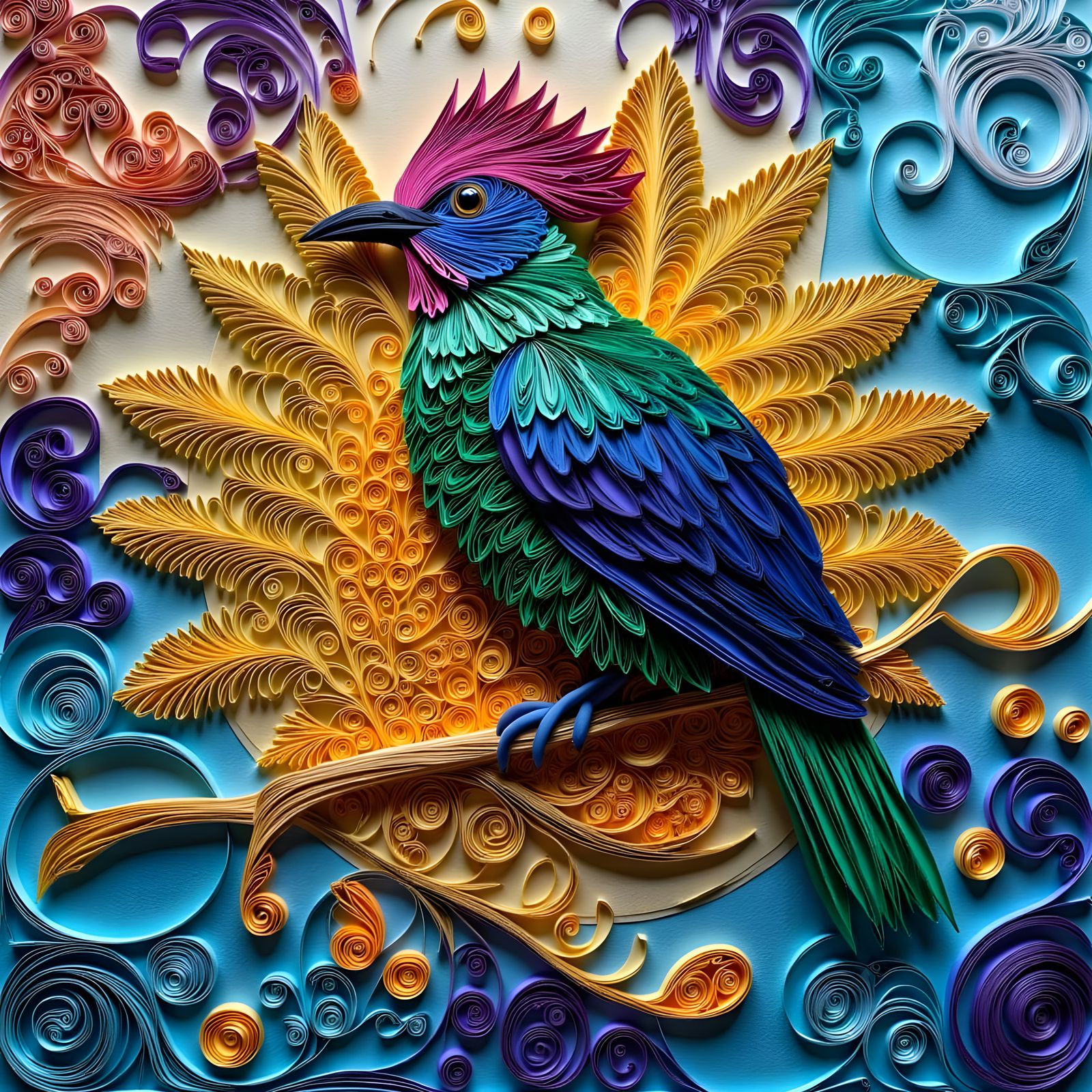 Vibrant Quilled Paper Art Bird on Ornate Branch