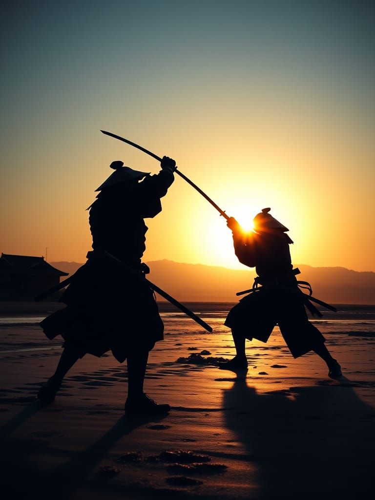 Samurai Sparring Silhouettes on a Beach at Sunrise