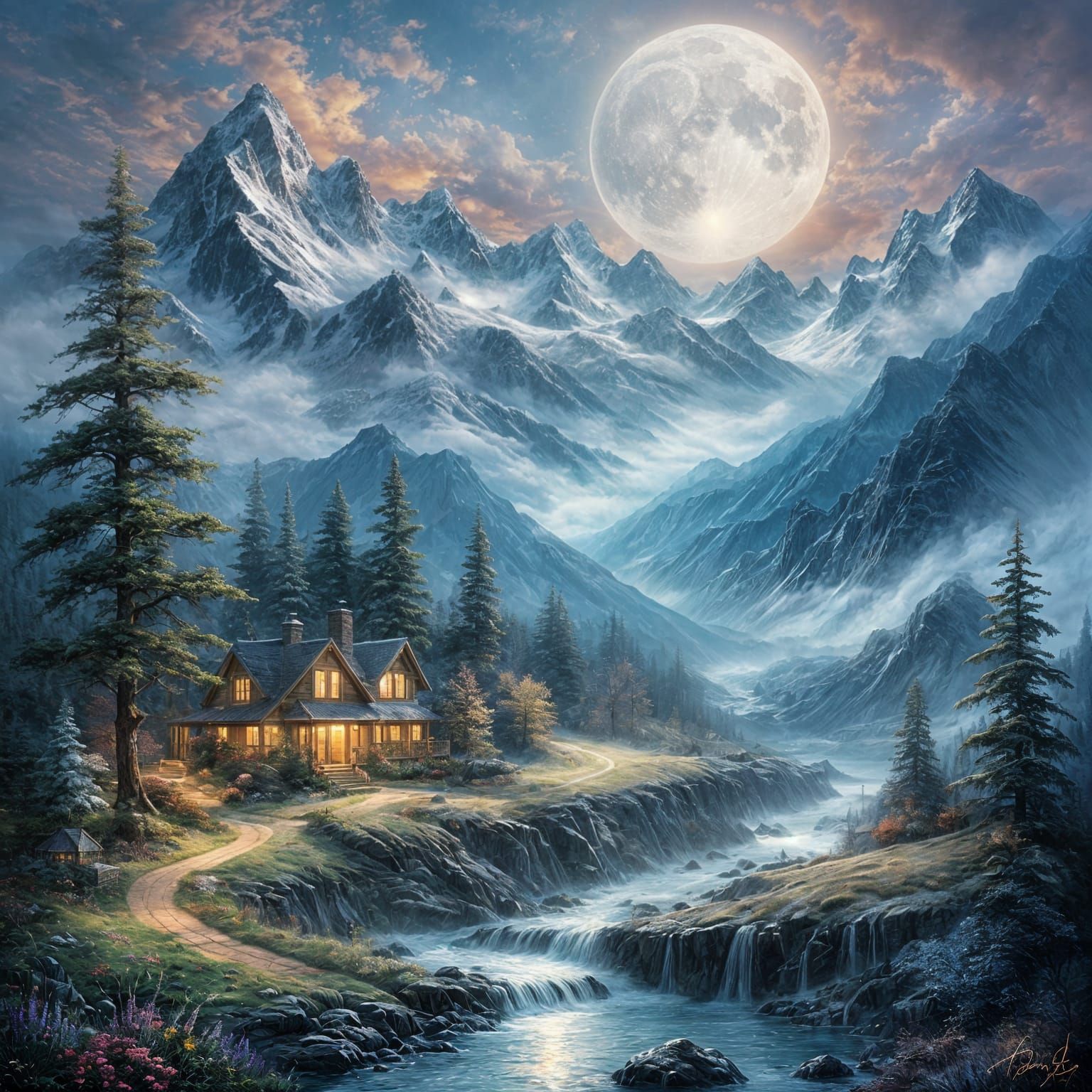 Abstract Moonrise Over Mountain Range