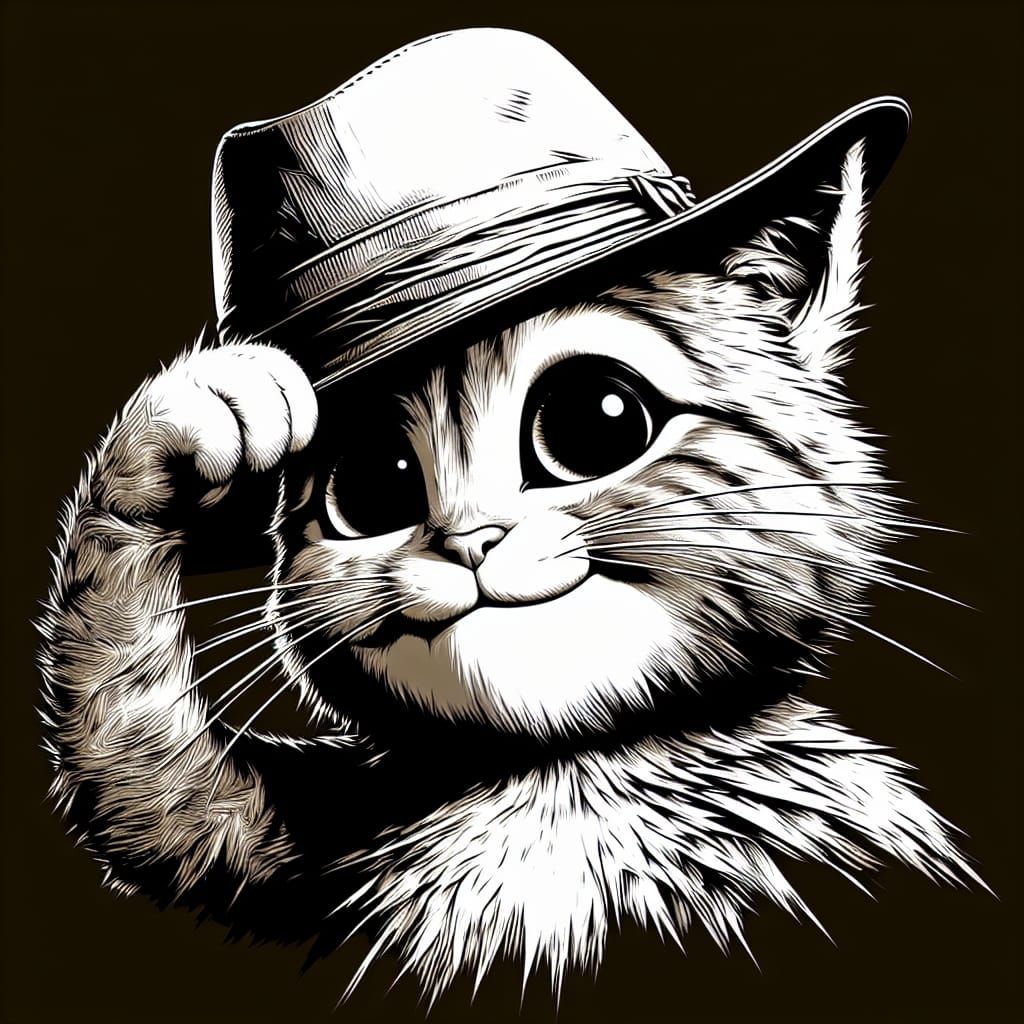 Mischievous Cat Tipping Hat: Simple Line Art in Fantasy Styl...