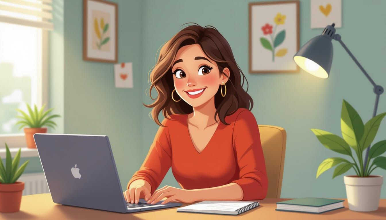 Smiling Woman at Desk in Playful Cartoon Style