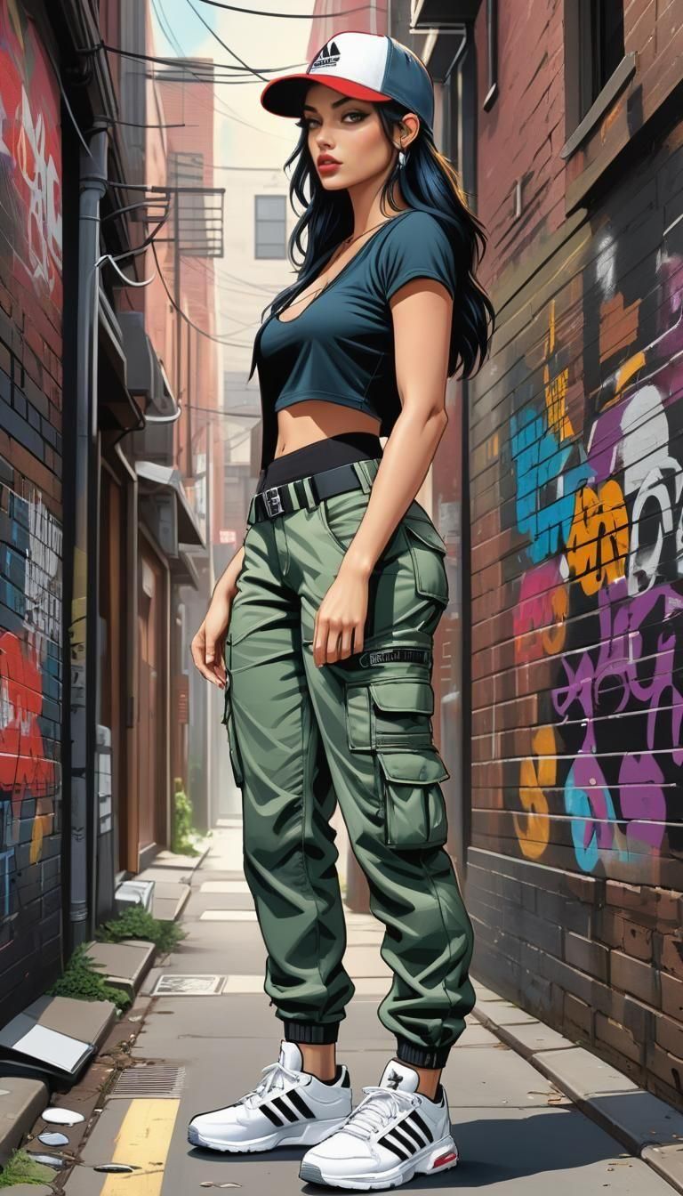 Y2K Woman in Graffiti Alley: Digital Art Illustration