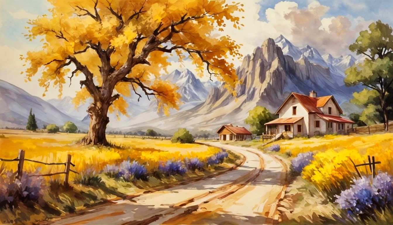 Watercolor Countryside Landscape with Lapacho Tree