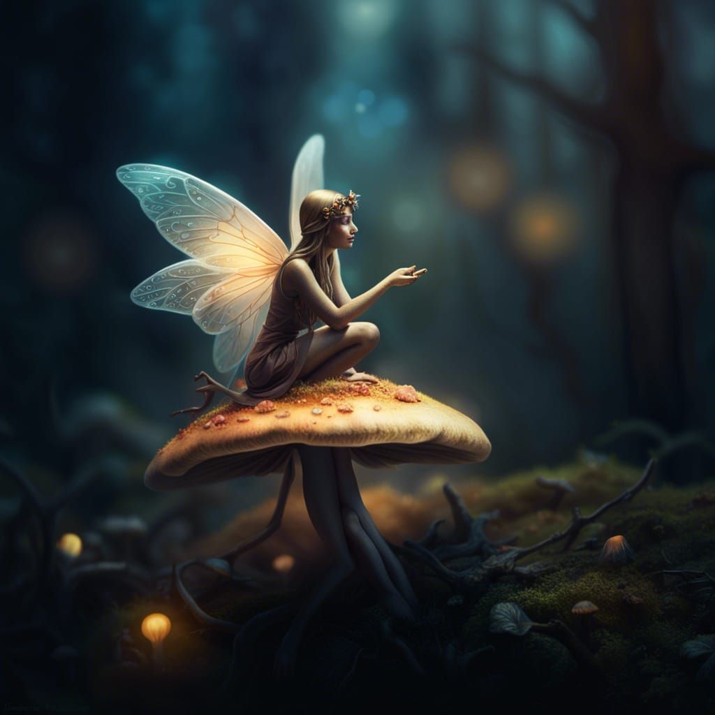 Enchanting Fairy on Magic Mushroom in a Hyperrealistic Oil P...