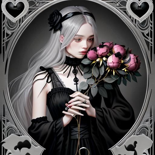 Human Heart with Roses Tarot Card in Grayscale