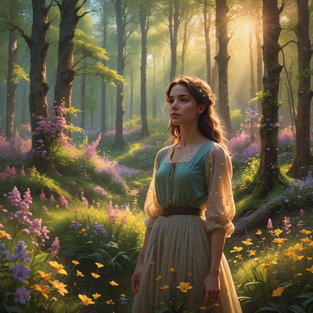 Girl in Spring Forest: Painterly Golden Hour