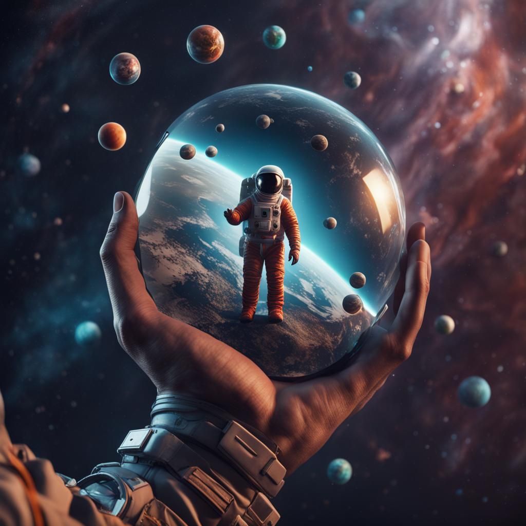 Astronaut Holding Tiny Planets: Detailed Digital Painting