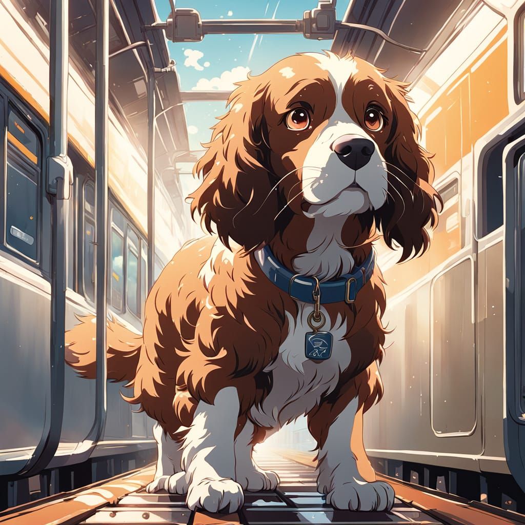 Anime Spaniel Scrambling on Train in Whimsical Style