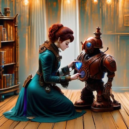 Steampunk Robot and Girl Share Heart in Sci-Fi Style