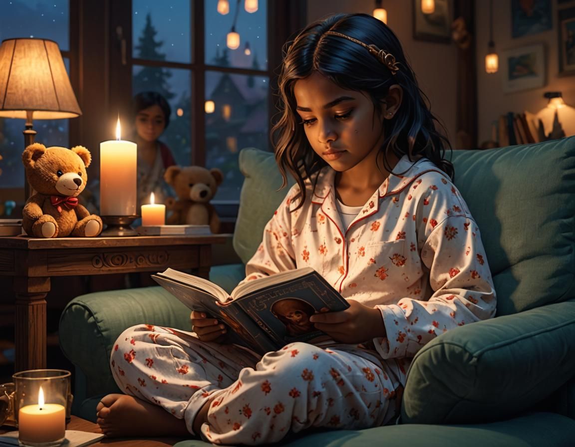Cozy Reading Scene: Girl with Teddy Bear