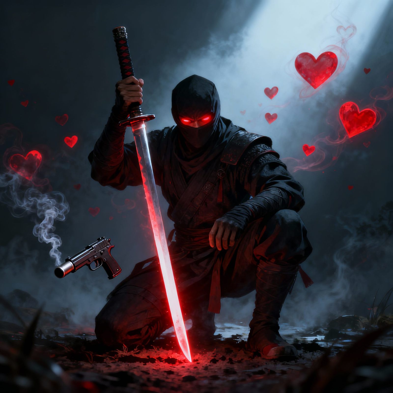 Stoic Ninja with Glowing Sword and Red Hearts