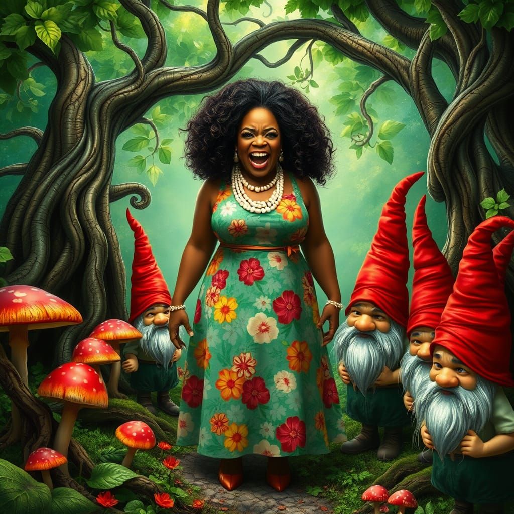 Oprah Confronts Mischievous Gnomes in Whimsical Fantasy Scen...