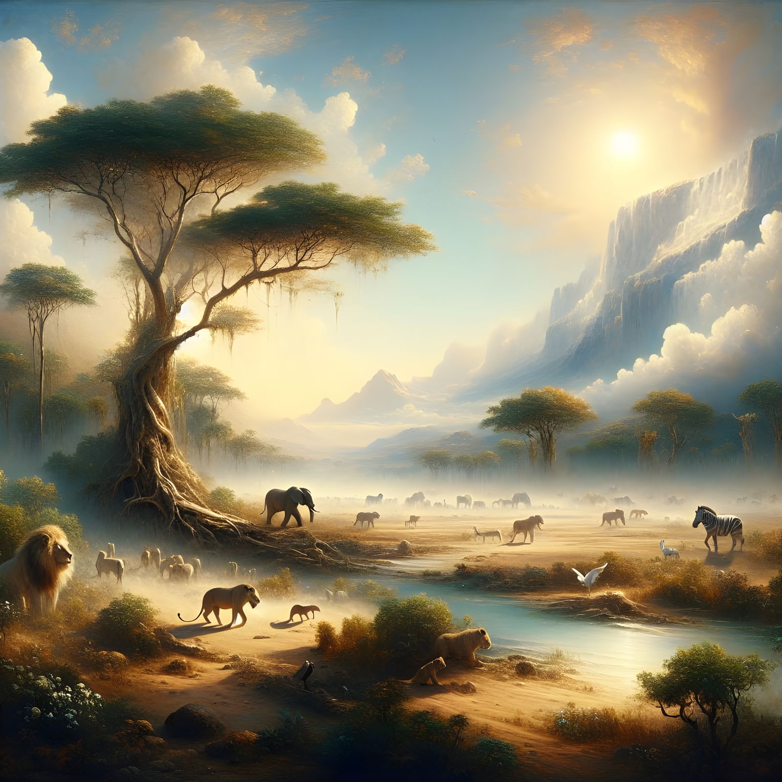 Ethereal African Safari Oasis in Detailed Oil Painting Style