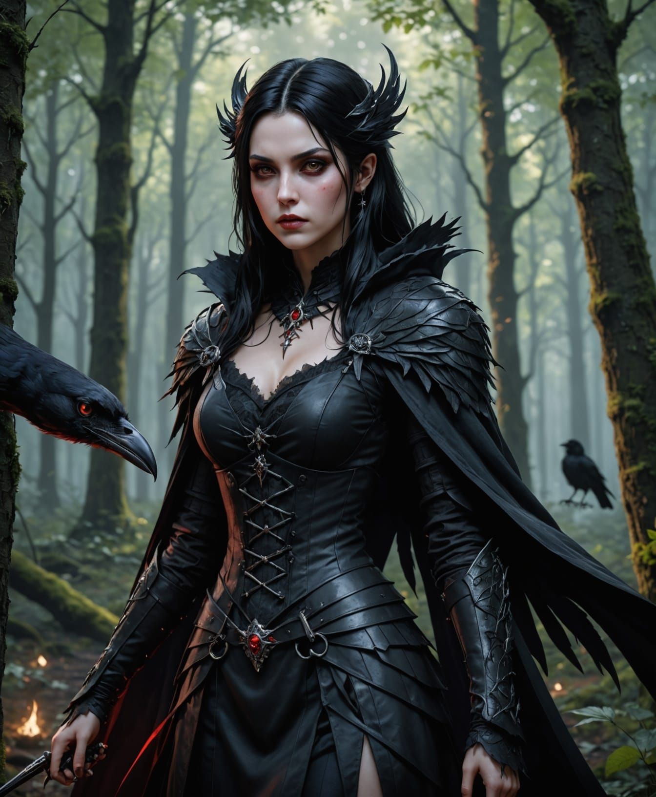 Raven haired vampire maiden in the forest