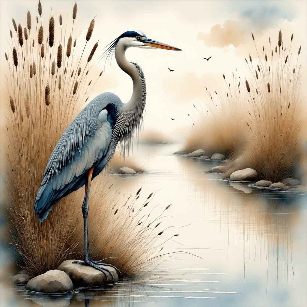 Blue Heron in Marsh, Audubon meets Monet Style